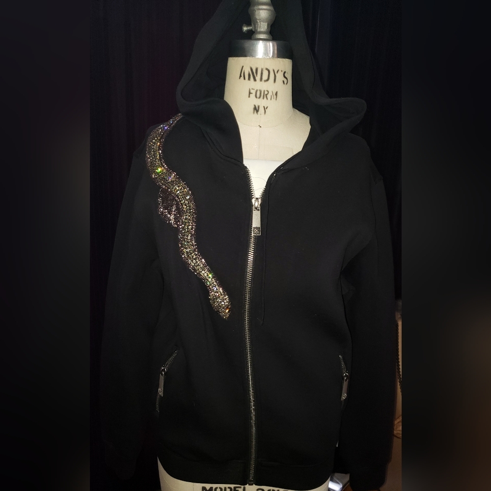 Nwt. John Richmond black zip up hoodie crystal 3D snake M